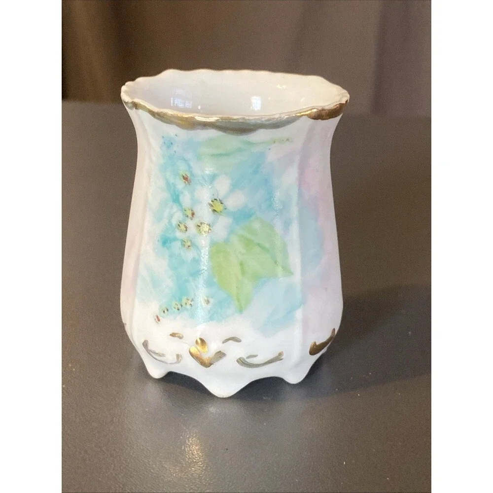 Vintage Toothpick Holder Floral Signed Janet Mock 2.5” Painted Footed